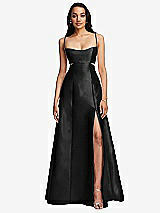 Front View Thumbnail - Black Open Neckline Cutout Satin Twill A-Line Gown with Pockets
