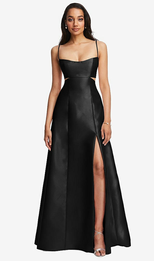 Front View - Black Open Neckline Cutout Satin Twill A-Line Gown with Pockets