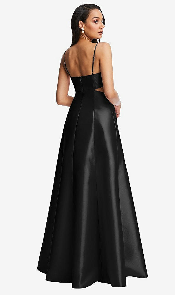 Back View - Black Open Neckline Cutout Satin Twill A-Line Gown with Pockets