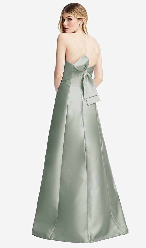 Front View - Willow Green Strapless A-line Satin Gown with Modern Bow Detail