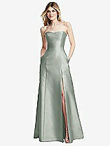 Rear View Thumbnail - Willow Green Strapless A-line Satin Gown with Modern Bow Detail