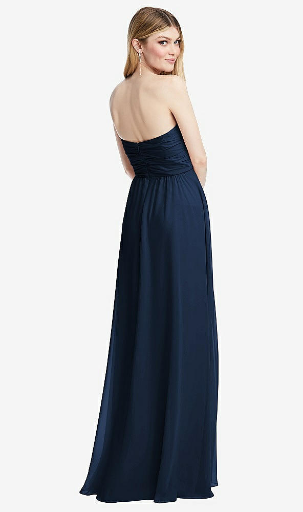 Back View - Midnight Navy Shirred Bodice Strapless Chiffon Maxi Dress with Optional Straps