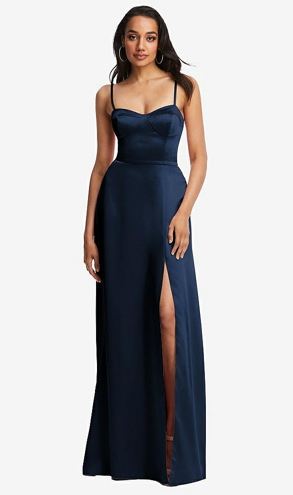 Front View - Midnight Navy Bustier A-Line Maxi Dress with Adjustable Spaghetti Straps