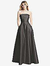 Front View Thumbnail - Caviar Gray Strapless Bias Cuff Bodice Satin Gown with Pockets