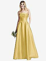 Alt View 1 Thumbnail - Maize Strapless Bias Cuff Bodice Satin Gown with Pockets