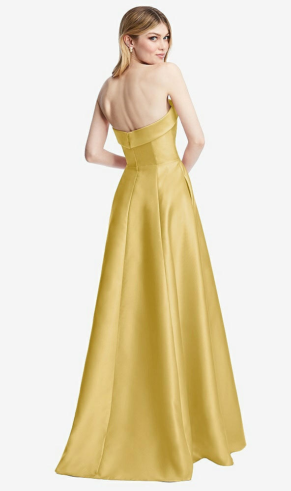 Back View - Maize Strapless Bias Cuff Bodice Satin Gown with Pockets
