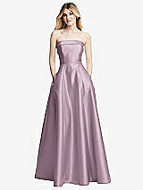 Front View Thumbnail - Suede Rose Strapless Bias Cuff Bodice Satin Gown with Pockets