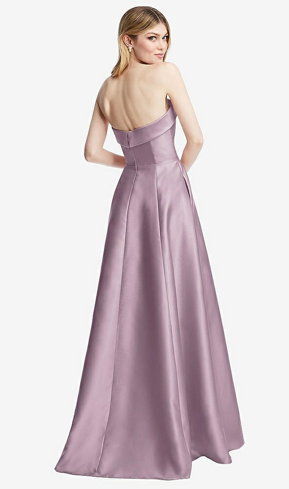 Back View - Suede Rose Strapless Bias Cuff Bodice Satin Gown with Pockets