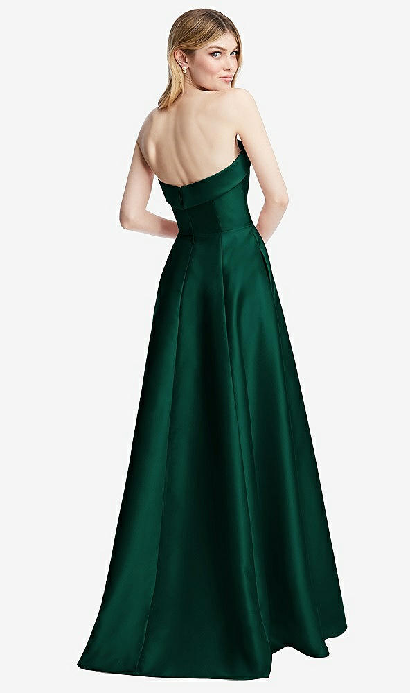 Back View - Hunter Green Strapless Bias Cuff Bodice Satin Gown with Pockets