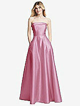 Front View Thumbnail - Powder Pink Strapless Bias Cuff Bodice Satin Gown with Pockets
