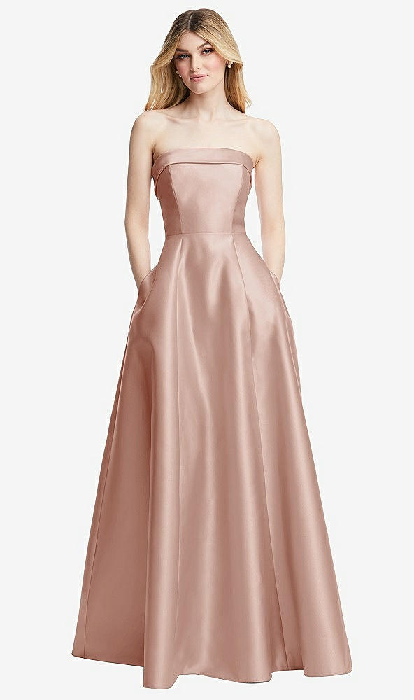Front View - Toasted Sugar Strapless Bias Cuff Bodice Satin Gown with Pockets