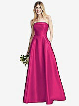 Alt View 1 Thumbnail - Think Pink Strapless Bias Cuff Bodice Satin Gown with Pockets