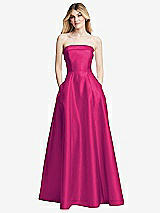 Front View Thumbnail - Think Pink Strapless Bias Cuff Bodice Satin Gown with Pockets
