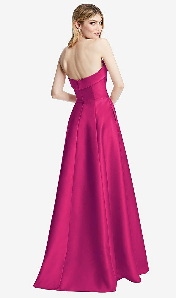 Back View - Think Pink Strapless Bias Cuff Bodice Satin Gown with Pockets