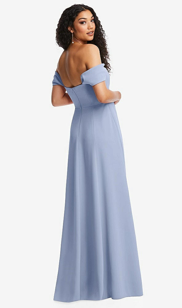 Back View - Sky Blue Off-the-Shoulder Pleated Cap Sleeve A-line Maxi Dress