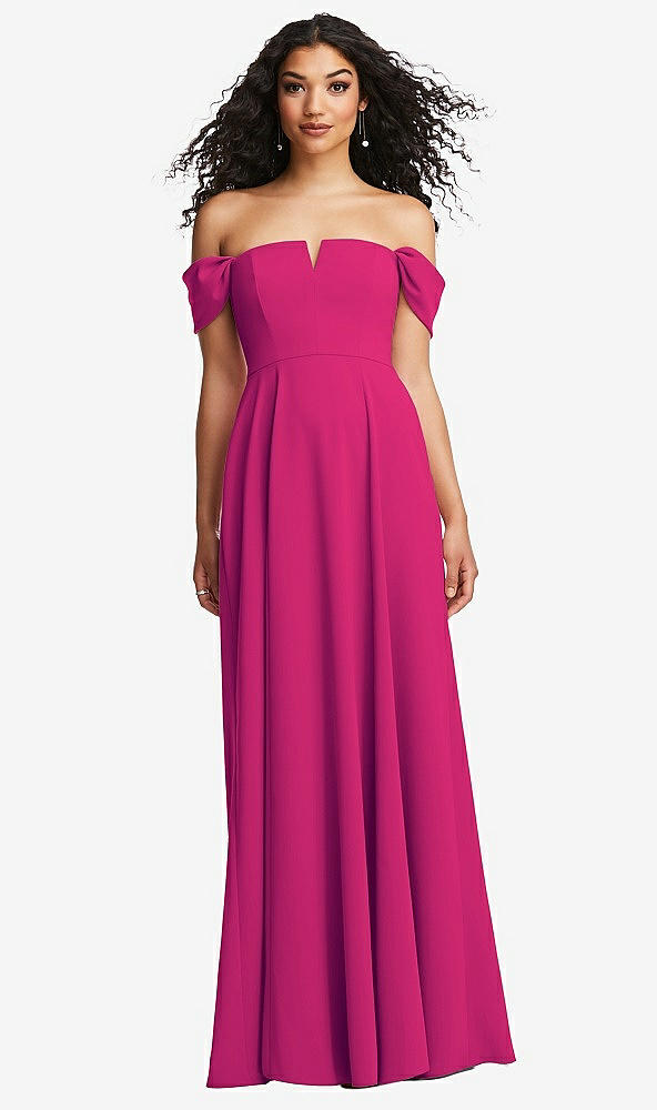 Front View - Think Pink Off-the-Shoulder Pleated Cap Sleeve A-line Maxi Dress