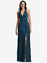 Front View Thumbnail - Atlantic Blue Pleated V-Neck Closed Back Trumpet Gown with Draped Front Slit