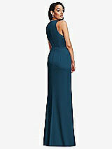 Rear View Thumbnail - Atlantic Blue Pleated V-Neck Closed Back Trumpet Gown with Draped Front Slit