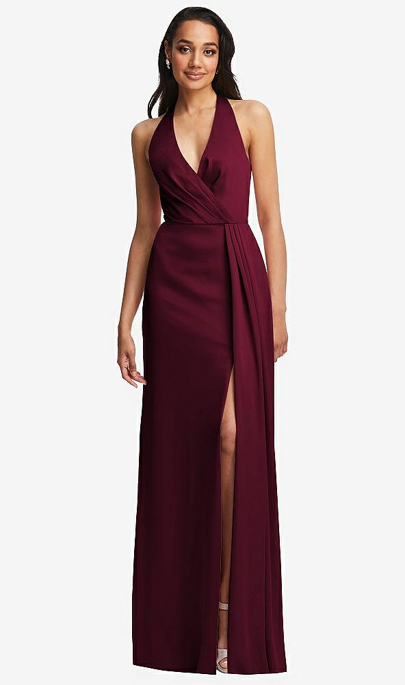 Front View - Cabernet Pleated V-Neck Closed Back Trumpet Gown with Draped Front Slit