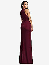 Rear View Thumbnail - Cabernet Pleated V-Neck Closed Back Trumpet Gown with Draped Front Slit