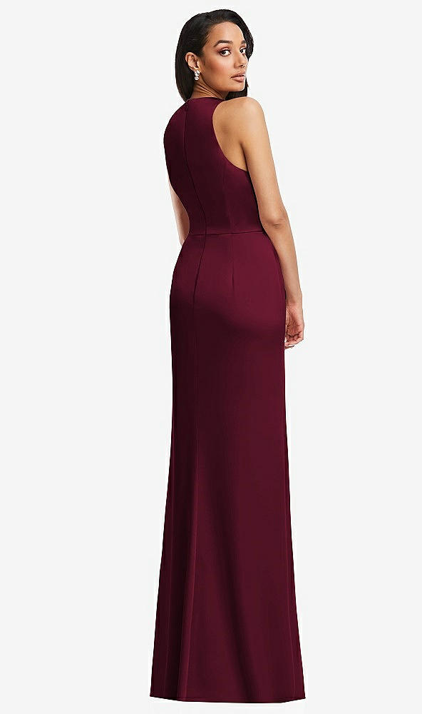 Back View - Cabernet Pleated V-Neck Closed Back Trumpet Gown with Draped Front Slit