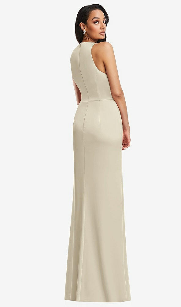 Back View - Champagne Pleated V-Neck Closed Back Trumpet Gown with Draped Front Slit