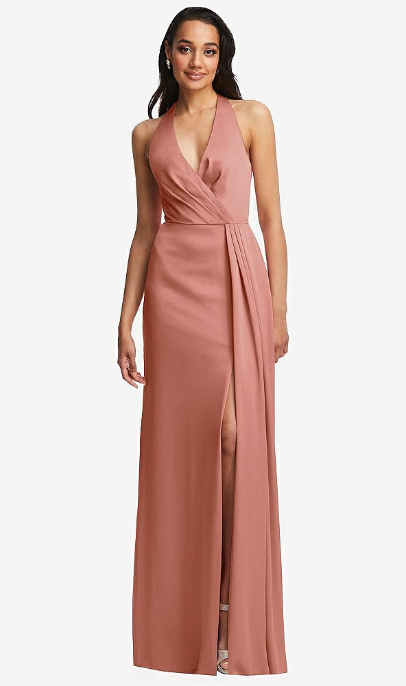 Front View - Desert Rose Pleated V-Neck Closed Back Trumpet Gown with Draped Front Slit