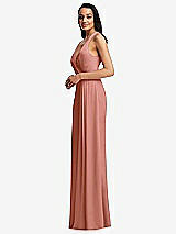 Side View Thumbnail - Desert Rose Pleated V-Neck Closed Back Trumpet Gown with Draped Front Slit