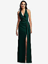 Front View Thumbnail - Evergreen Pleated V-Neck Closed Back Trumpet Gown with Draped Front Slit