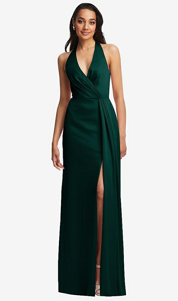 Front View - Evergreen Pleated V-Neck Closed Back Trumpet Gown with Draped Front Slit