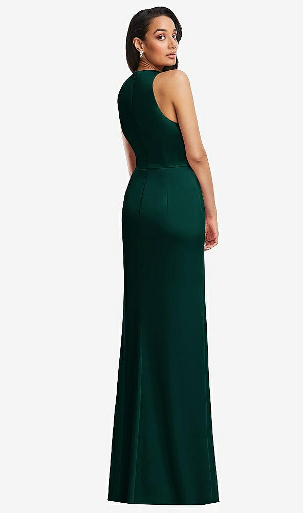 Back View - Evergreen Pleated V-Neck Closed Back Trumpet Gown with Draped Front Slit
