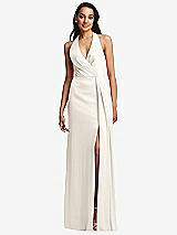 Front View Thumbnail - Ivory Pleated V-Neck Closed Back Trumpet Gown with Draped Front Slit