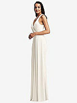 Side View Thumbnail - Ivory Pleated V-Neck Closed Back Trumpet Gown with Draped Front Slit