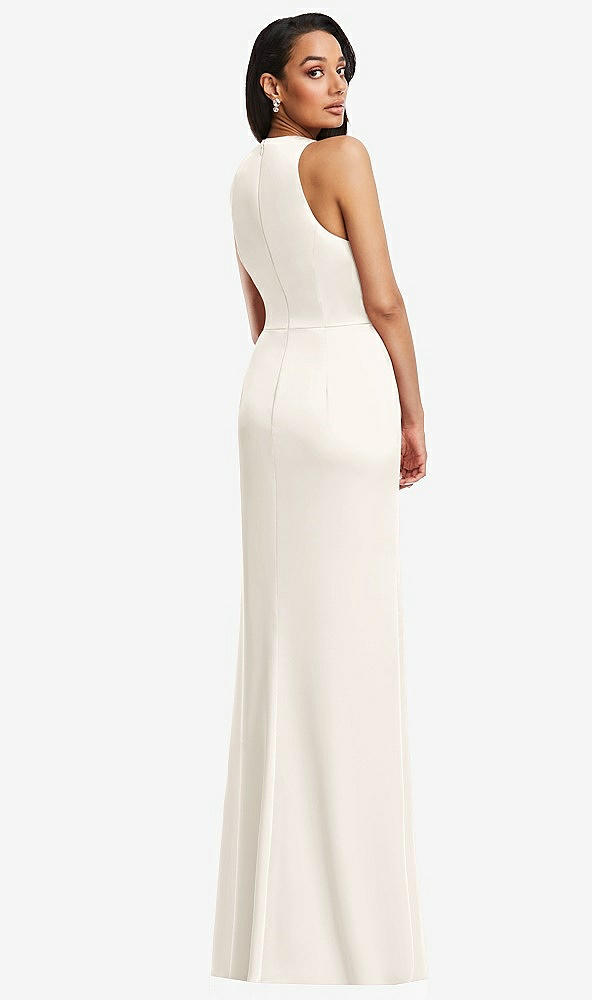 Back View - Ivory Pleated V-Neck Closed Back Trumpet Gown with Draped Front Slit