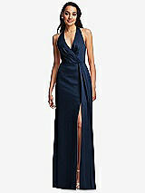 Front View Thumbnail - Midnight Navy Pleated V-Neck Closed Back Trumpet Gown with Draped Front Slit