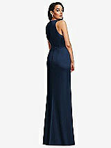 Rear View Thumbnail - Midnight Navy Pleated V-Neck Closed Back Trumpet Gown with Draped Front Slit