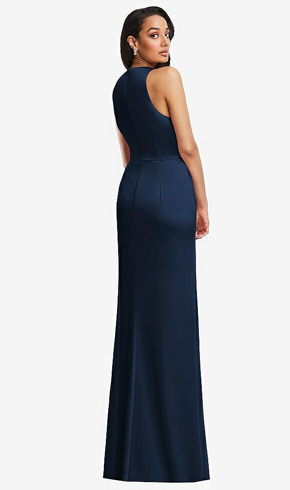 Back View - Midnight Navy Pleated V-Neck Closed Back Trumpet Gown with Draped Front Slit