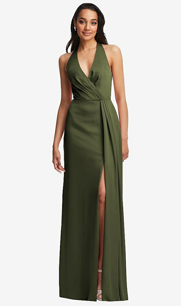 Front View - Olive Green Pleated V-Neck Closed Back Trumpet Gown with Draped Front Slit