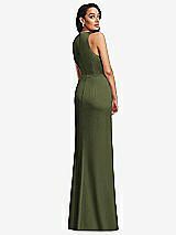 Rear View Thumbnail - Olive Green Pleated V-Neck Closed Back Trumpet Gown with Draped Front Slit