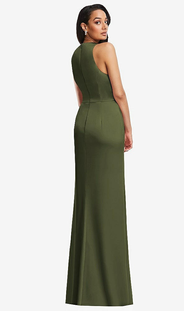 Back View - Olive Green Pleated V-Neck Closed Back Trumpet Gown with Draped Front Slit