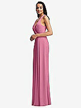 Side View Thumbnail - Orchid Pink Pleated V-Neck Closed Back Trumpet Gown with Draped Front Slit