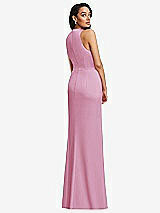 Rear View Thumbnail - Powder Pink Pleated V-Neck Closed Back Trumpet Gown with Draped Front Slit