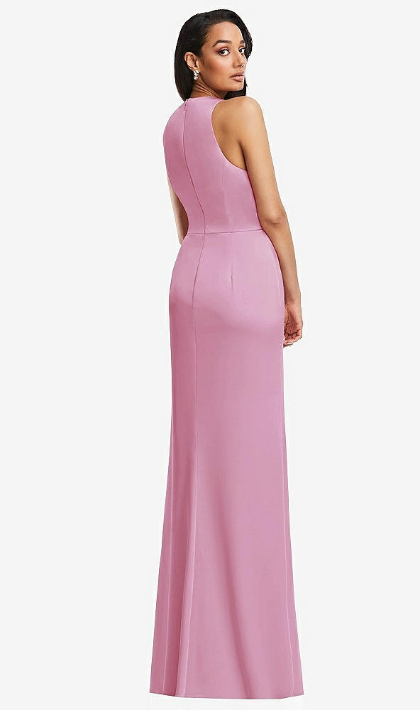 Back View - Powder Pink Pleated V-Neck Closed Back Trumpet Gown with Draped Front Slit