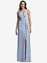 Front View Thumbnail - Sky Blue Pleated V-Neck Closed Back Trumpet Gown with Draped Front Slit