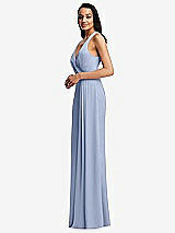 Side View Thumbnail - Sky Blue Pleated V-Neck Closed Back Trumpet Gown with Draped Front Slit