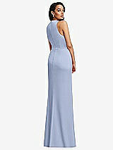 Rear View Thumbnail - Sky Blue Pleated V-Neck Closed Back Trumpet Gown with Draped Front Slit