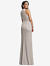 Rear View Thumbnail - Taupe Pleated V-Neck Closed Back Trumpet Gown with Draped Front Slit