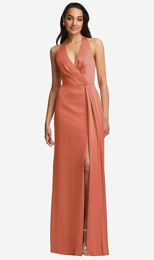 Front View - Terracotta Copper Pleated V-Neck Closed Back Trumpet Gown with Draped Front Slit
