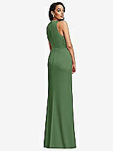 Rear View Thumbnail - Vineyard Green Pleated V-Neck Closed Back Trumpet Gown with Draped Front Slit