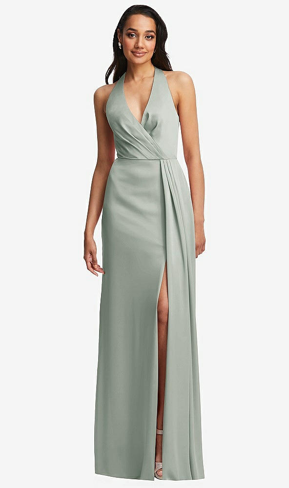 Front View - Willow Green Pleated V-Neck Closed Back Trumpet Gown with Draped Front Slit